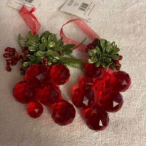 Pair of Beautiful Red Grape Ornaments with Mistletoe
